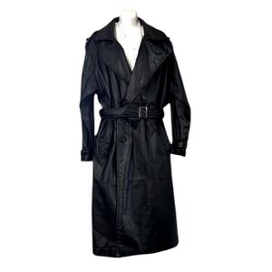 RNL Vintage Black Leather Drop Padded Shoulder Long Belted Trench Coat Jacket L